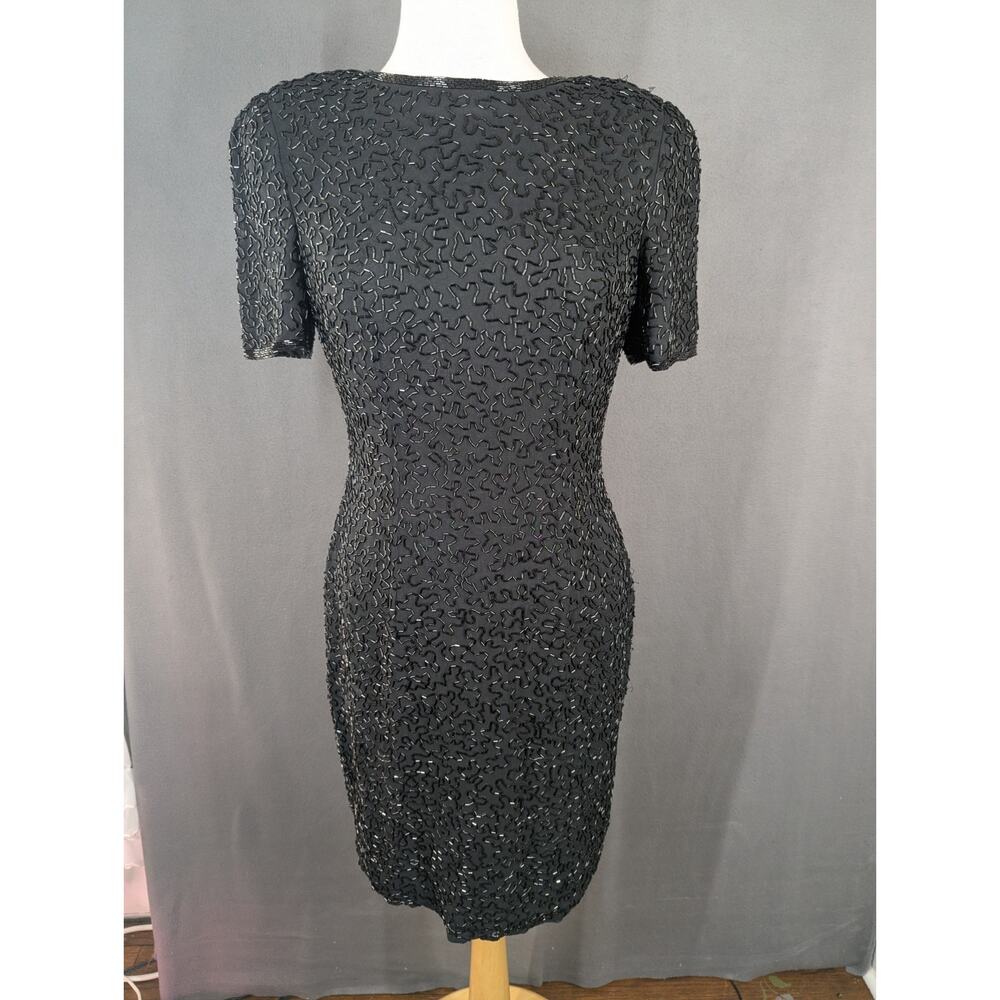 AJ Bari Black Beaded Dress Size 10 Silk Sequin Lined Glam Vintage